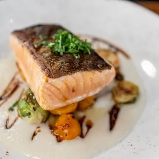 Market Fish: Salmon w/ Balsamic Soubise ($36)