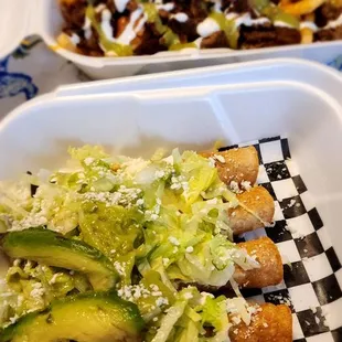 Carne asada fries; chicken taquitos