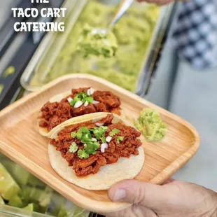 Our Vegan Al Pastor Tacos are a great combination with our Fresh Guacamole!