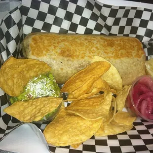 Twice Grilled Carne Asada Burrito with a side of House Guacamole and Sweet pickled Purple onions!