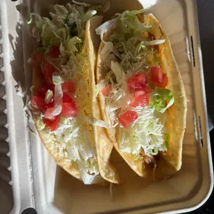 These are our hardshell tacos my favorite is shredded beef and we also have ground beef, potato and shredded chicken.