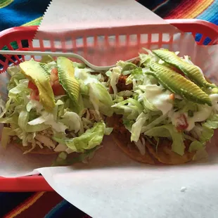 Tostada de Pollo (chicken) and Tostada de Pastor (pork).