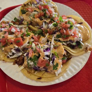 Shrimp tacos with refreshing drinks!