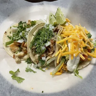 Tacos (left to right): Grilled chicken, Fish (Tilapia), and Veggie