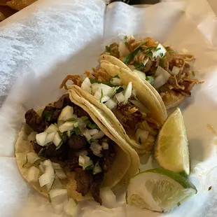Asada taco and shredded chicken tacos