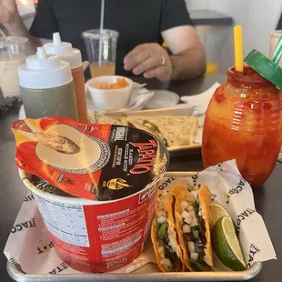 Birria Ramen &amp; 2 Birria Tacos Combo, Rice 8oz Beans 8oz Carne Asada Burrito