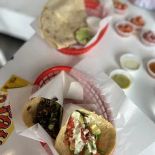 Cheese quesadilla (back). Nopal taco &amp; mushroom taco (front)