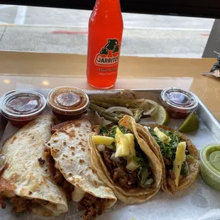 Chorizo Quesadilla and Al pastor tacos