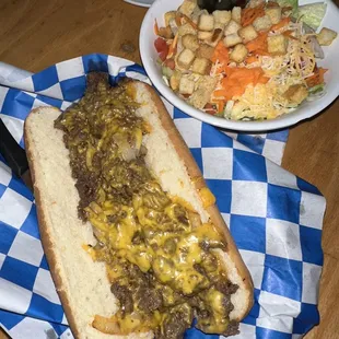 Philly Cheese Steak Sandwich and Side Salad