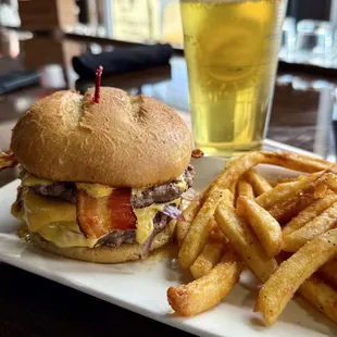 Bistro Smash Burger, fries and a cold Von Trapp Hellas