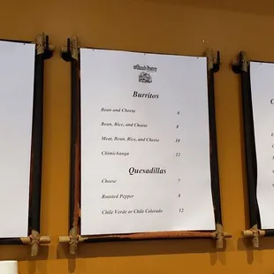 the menus on the wall