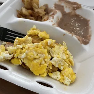 Breakfast Plate - 2 tamales, eggs, beans and potatoes