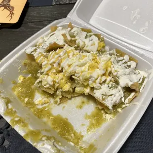 Chilaquiles in green salsa half eaten (oops)