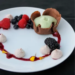 Matcha Bavarian in a chocolate tuile with mixed berry sauce