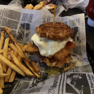 Chicken and waddle sandwich