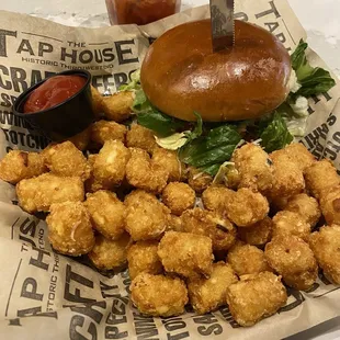Chicken Caesar Burger with tater tots &amp; and old fashioned