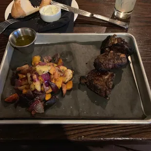 Lamb frites without the frites because they forgot and a side order of roasted vegetables. On a baking tray?