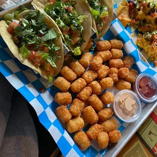 Spicy Bang Bang Shrimp Taco and Tots