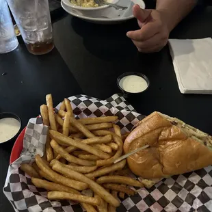 Mac n cheese with chicken.  Chicken pesto with fries.