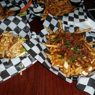 Thai wonton Tacos and gravy fries, both also excellent for soaking up booze,  but also delicious.
