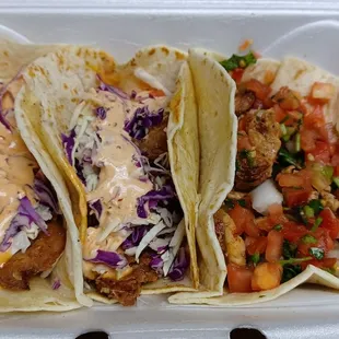 2 Chicken tacos &amp; 1 fish taco.