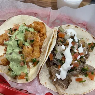 Carnitas Taco and Shrimp Tempura Taco