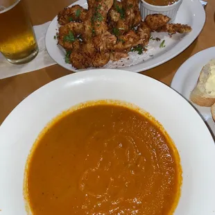 Tomato Basil Soup and Coconut Prawns