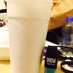 Horchata (one size), huge and covered with foil paper to prevent spills and keep cold