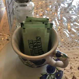 Stevia as a sweetener on the table.  I really like this as this is my sweetener of choice