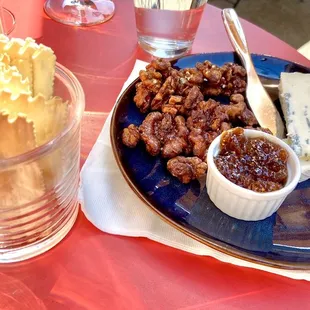 Blue cheese plate with triple cream bleu cheese, fig compote, crackers, and caramelized walnuts - delicious!!