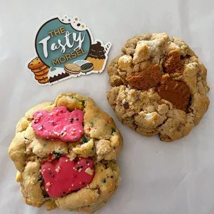 two cookies on a table