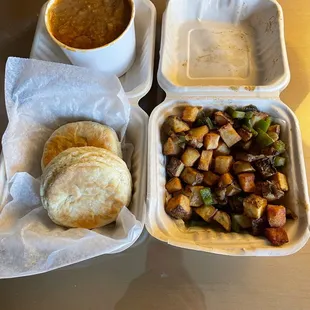 Home fries and vegan biscuits and bayou gravy