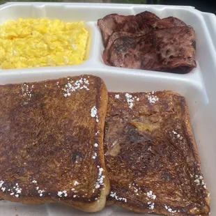 West coast platter- Scrambled eggs, Turkey bacon, and french toast