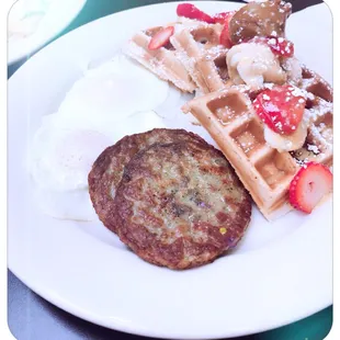 Yummy waffle platter with strawberries and banana