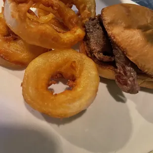 NY steak sandwich and onion rings