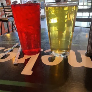 Stella on tap and water.