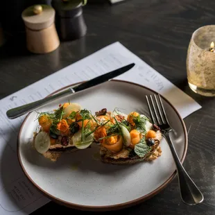 Salmon Tartine - citrus cured salmon, carrot yogurt, gooseberry, sourdough