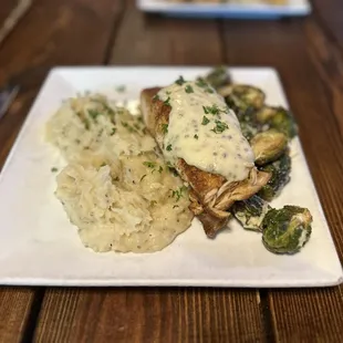 Horseradish crusted salmon, mashed potatoes and Brussel sprouts!