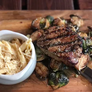 Pork chop, Mac n cheese, Brussels