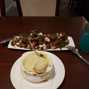 French onion soup and fried brussel sprouts