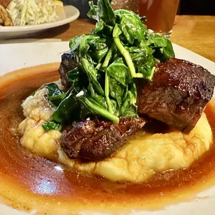 Braised Short Ribs with truffle parmesan, mashed potatoes, spinach, natural short rib jus