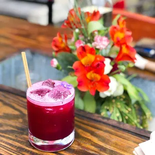 Beet and tequila drink with cucumber, agave and almond. Tastes very similar to jamiaca.