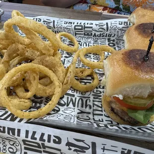 Sliders and onion rings.