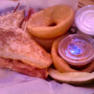 Grilled cheese, bacon &amp; tomato w/ onion rings ($7 ish)