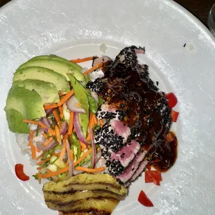 Spicy Ginger Seared Tuna with pineapple and avocado added.