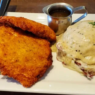 Chicken and Waffles with Garlic mashed potatoes and gravy