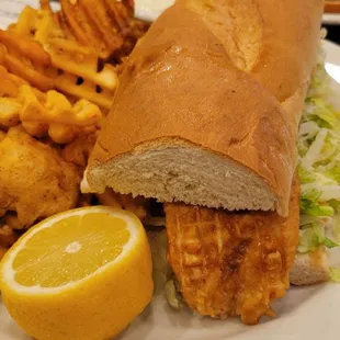 Fish sandwich and waffle fries