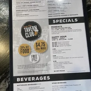 Sunday Brunch and Specials menu page