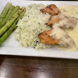 Beure blanc chicken - great sauce, asparagus was flavorless