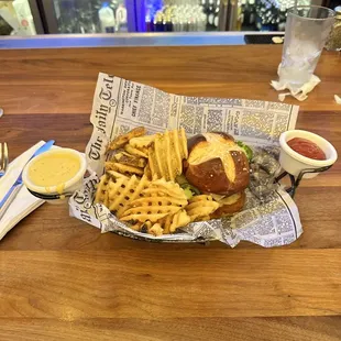 Angus burger with habanero Jack cheese on a pretzel bun